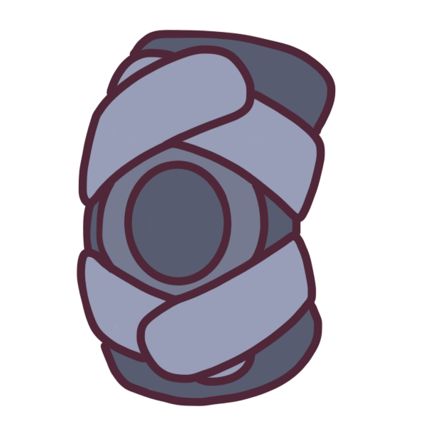 A padded fabric knee brace drawn in muted purple.